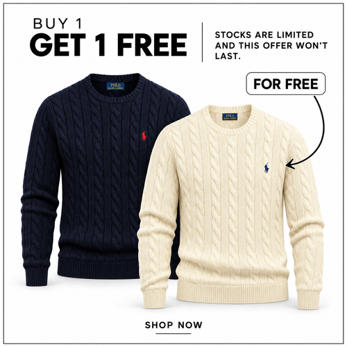 RL Cable-Knit Cotton Crew-Neck Jumper in Hunter Navy/Red and Andover Cream — Buy 1 Get 1 Free promotion.