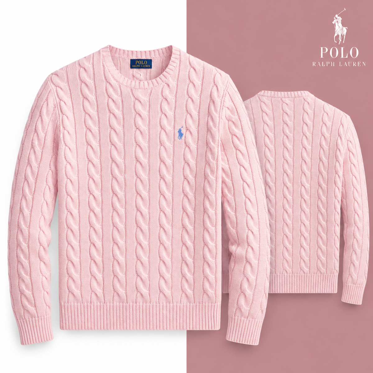Ballet Pink Heather cable-knit cotton crew-neck jumper, front and back views on a white and tonal background