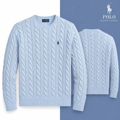 Blue Hyacinth Heather cable-knit cotton crew-neck jumper, front and back views on a white and tonal background