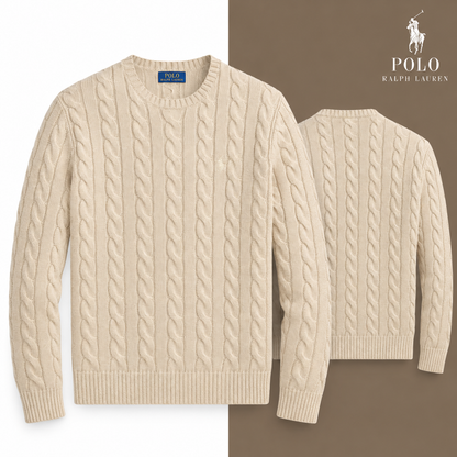 Jicama Brown Heather cable-knit cotton crew-neck jumper, front and back views on a white and tonal background