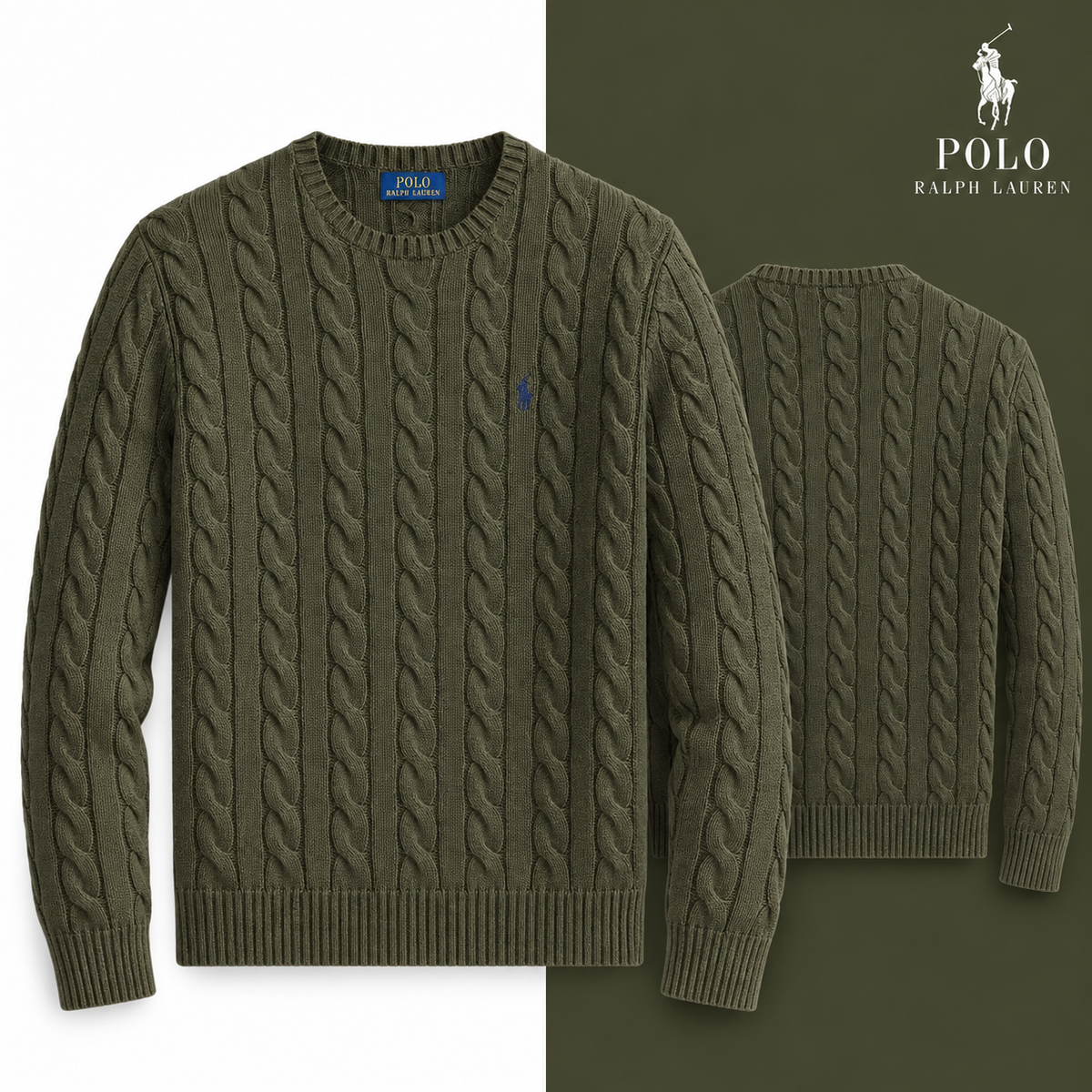 Olive Shrub Heather cable-knit cotton crew-neck jumper, front and back views on a white and tonal background