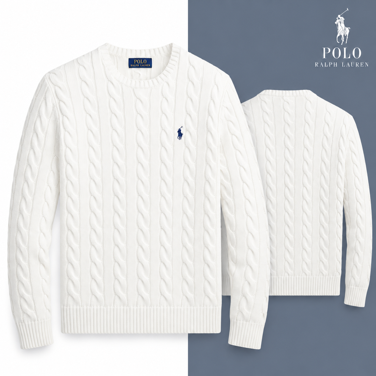 White cable-knit cotton crew-neck jumper, front and back views on a white and tonal background