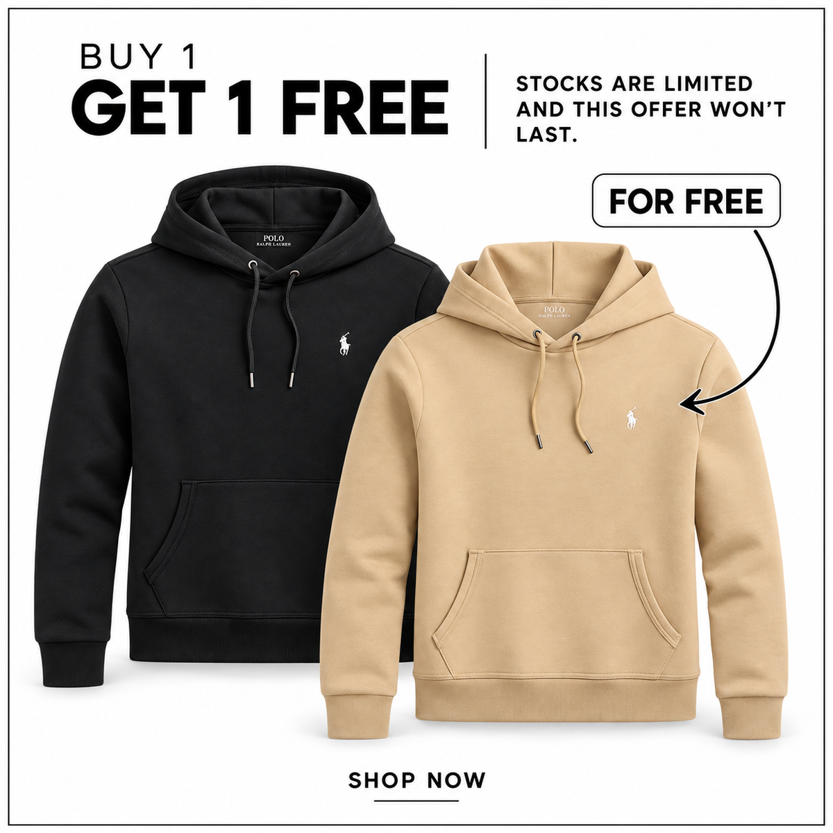 RL Double-Knit Pullover Hoodie in Polo Black and Vintage Khaki — Buy 1 Get 1 Free promotion.