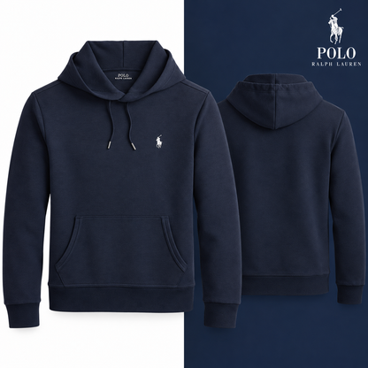 RL Double-Knit Pullover Hoodie in Aviator Navy, front and back views