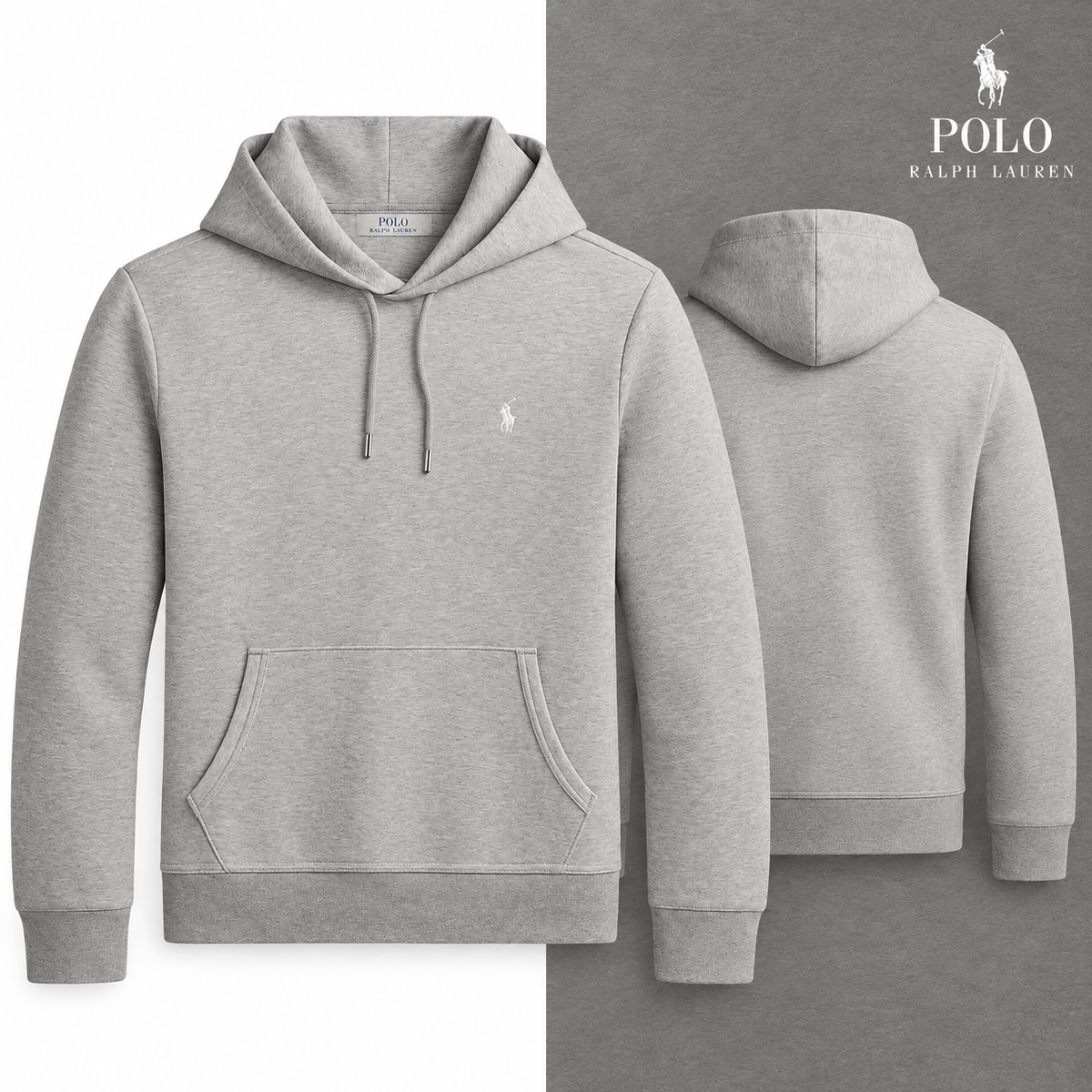 RL Double-Knit Pullover Hoodie in Dark Sport Heather, front and back views