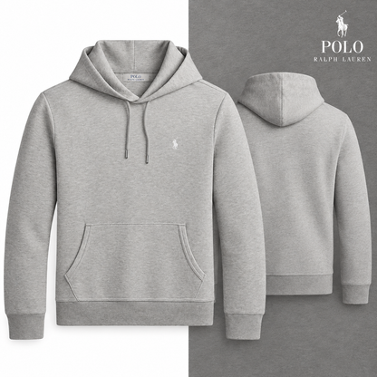 RL Double-Knit Pullover Hoodie in Dark Sport Heather, front and back views