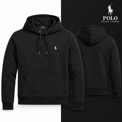 RL Double-Knit Pullover Hoodie in Polo Black, front and back views