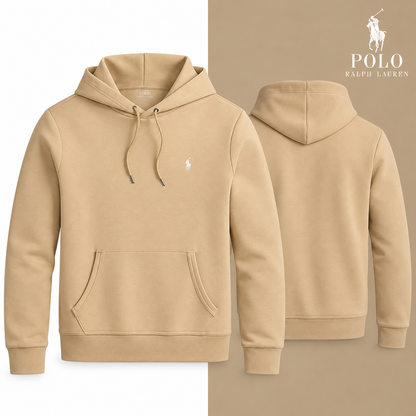 RL Double-Knit Pullover Hoodie in Vintage Khaki, front and back views