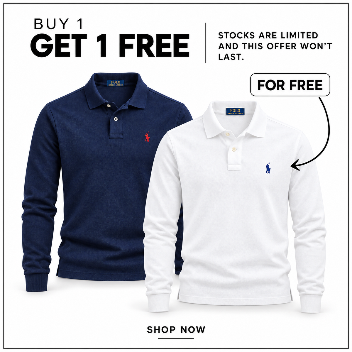 RL Custom Slim-Fit Long-Sleeve Polo Shirt in Newport Navy and White/Royal Blue — Buy 1 Get 1 Free promotion.