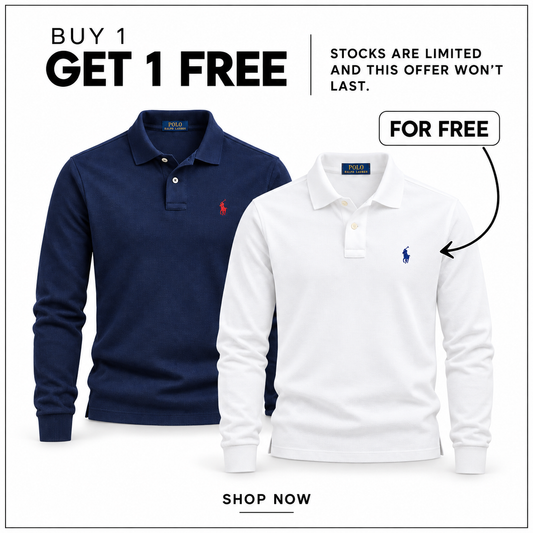 RL Custom Slim-Fit Long-Sleeve Polo Shirt in Newport Navy and White/Royal Blue — Buy 1 Get 1 Free promotion.
