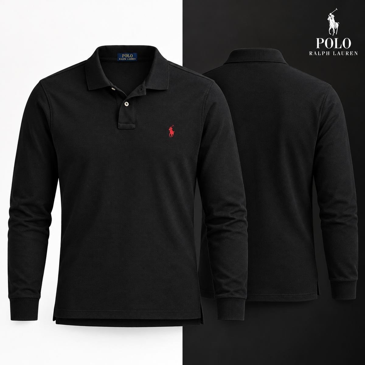 Black custom slim-fit long-sleeve piqué polo colour variant