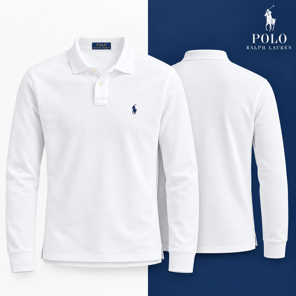 White/Royal Blue custom slim-fit long-sleeve piqué polo colour variant