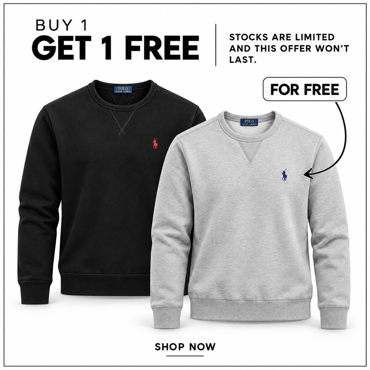 RL Fleece Crew-Neck Sweatshirt in Black and Andover Heather — Buy 1 Get 1 Free promotion.