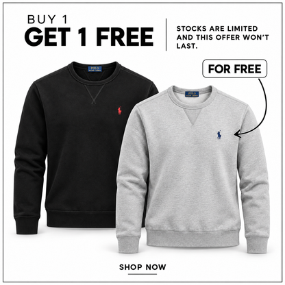 RL Fleece Crew-Neck Sweatshirt in Black and Andover Heather — Buy 1 Get 1 Free promotion.