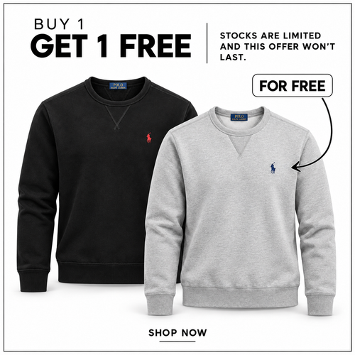 RL Fleece Crew-Neck Sweatshirt in Black and Andover Heather — Buy 1 Get 1 Free promotion.