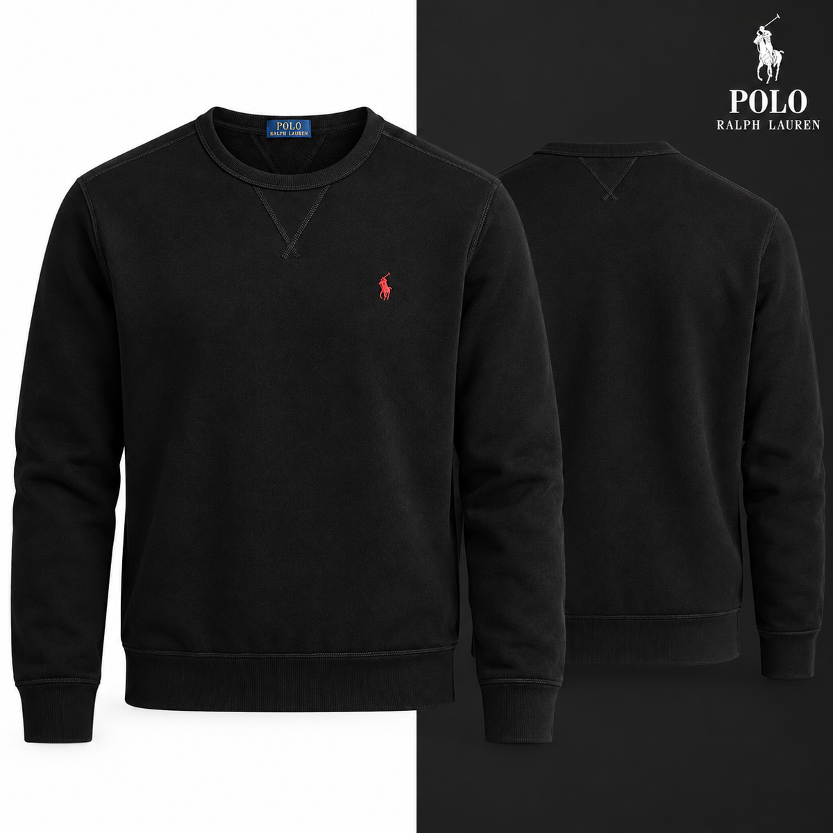 RL Fleece Crew-Neck Sweatshirt in Black, front and back views