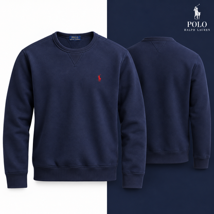 RL Fleece Crew-Neck Sweatshirt in Cruise Navy, front and back views