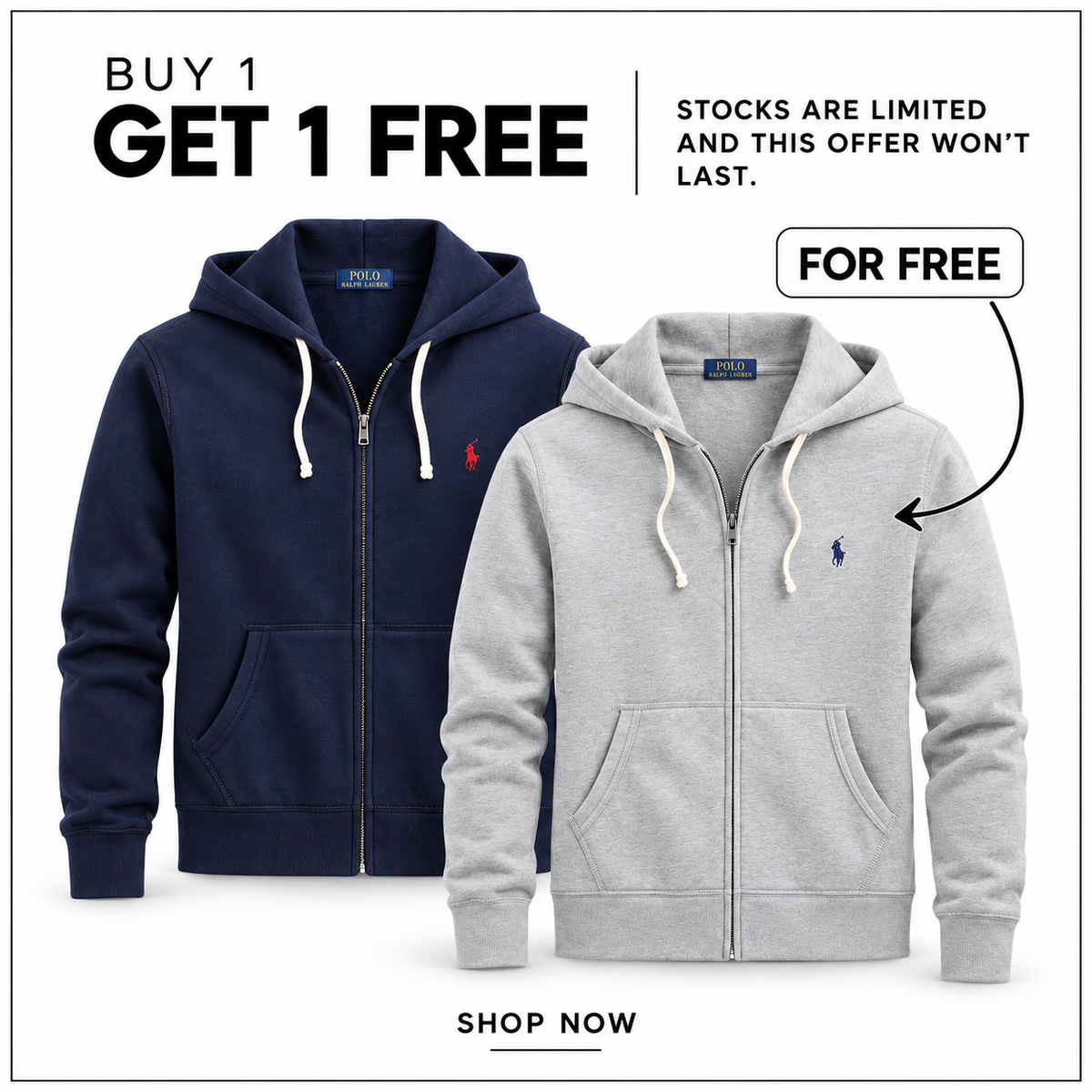 RL Full-Zip Fleece Hoodie in Cruise Navy and Andover Heather — Buy 1 Get 1 Free promotion.
