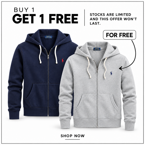 RL Full-Zip Fleece Hoodie in Cruise Navy and Andover Heather — Buy 1 Get 1 Free promotion.