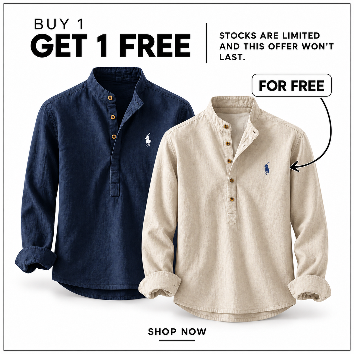 RL Mandarin-Collar Shirt in Navy and Beige — Buy 1 Get 1 Free promotion.
