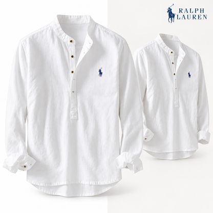 White mandarin-collar shirt, front and three-quarter front views
