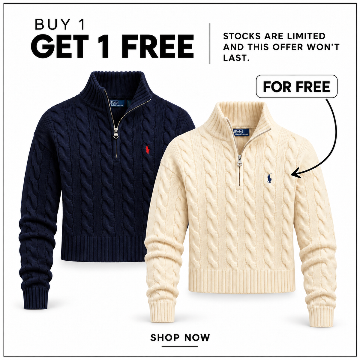 Women's RL Wool-Cashmere Cable Half-Zip Jumper in Hunter Navy and Authentic Cream — Buy 1 Get 1 Free promotion.